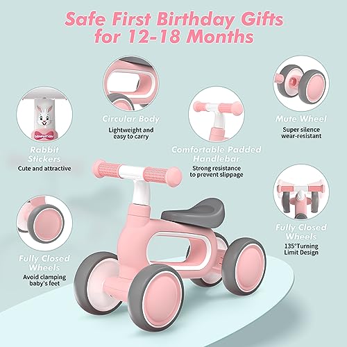 Dramation HMUSTG008PK Baby Balance Bike For 1 Year Old Girls Gifts, 10-18 Months No Pedal Toddler Balance Bike With 4 Silence Wheels, 1St Birthday Gift, Ride On Toys thumb #3