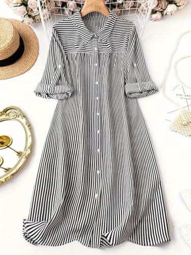 Image of Women's Summer Striped Midi Long Shirt Dress Casual Loose Short Sleeve Button Down Dress | Casual Outfit Wear Events, Date & Evening Look |Tunic Shirts for Women