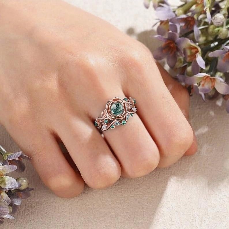 Natural Moss Agate Ring for Women 925 Sterling Silver 10K 14K 18K Rose Gold Moss Agate Engagement Ring Set Jewelry Gift for Her Customizable Bridal Wedding Ring Set Gift for Wife Ring Size 4-153