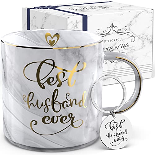 Gifts for Husband from Wife - Gray Marble Ceramic Coffee Mug Cup 11.5oz w/ KeyChain - Best Husband Ever - Birthday Gift Novelty Present for Anniversary, Valentines Day, Christmas Xmas, Thanksgiving