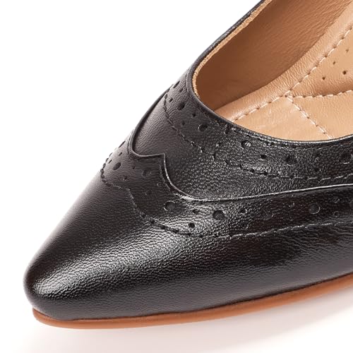 Mona flying Women's Leather Pointed Toe Vintage Brogue Pumps Slip On Mid Heels Dress Shoes for Ladies3