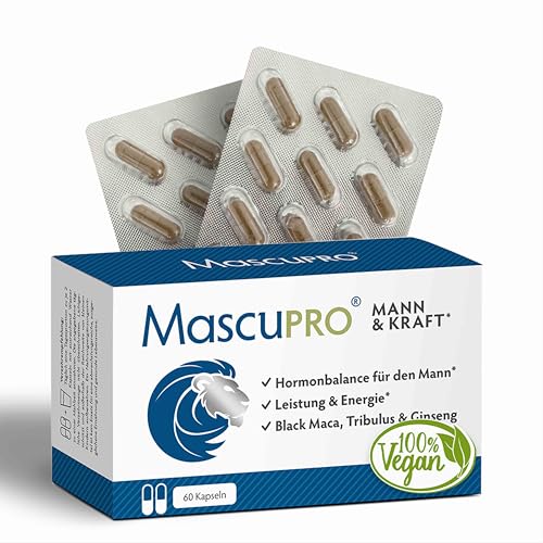 MascuPRO Mann & Kraft - 20:1 Black Maca, Tribulus, Bockshornklee, Cordyceps, Zink & Aminosäuren | 60 Kapseln für Energie, Leistung & Hormonbalance