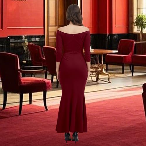 Image of Women's Elegant Formal Mermaid Maxi Dress Off Shoulder Long Sleeve Wedding Split Evening Gown Prom Cocktail Party Dresses