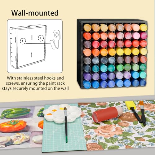 Image of Krafetto 64 Grids Craft Paint Storage Organizer, Wall-mountable Paints Holder, Stackable Paint Bottle Rack Stand for 2oz Acrylic Craft Paints, Black