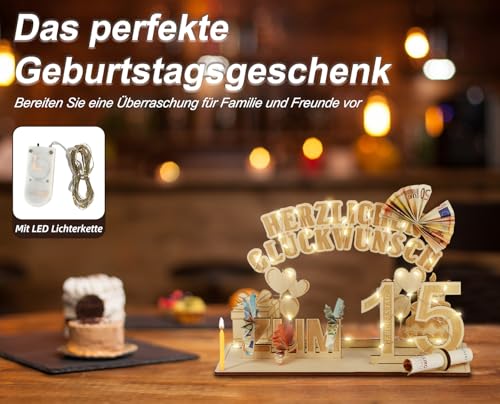 Giftota Original 15. Geburtstag Geldgeschenke Holz mit LED Lichterkette, Deko 15 Geburtstag Mädchen Junge, Geburtstagsgeschenk für 15 Jahre Mädchen Junge