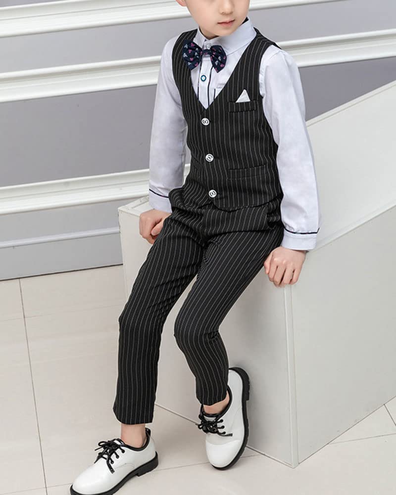 DAIHAN Ragazzi Abbigliamento Formale Vestito da Smoking a Righe con Gilet Maglia a Maniche Lunghe Cravatta a Farfalla Panciotto Pantaloni Abiti Slim Fit per la Festa di Compleanno di Matrimonio