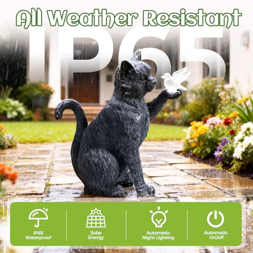 Autumnswan Solar Cat Garden Outdoor Statues, Cat Sculpture with Glowing Bird Light, Lawn Decoration, 10 Inches Tall, for Patio, Balcony, Garden, Yard, Birthday Gift for Mom, Grandma and Women - image 5
