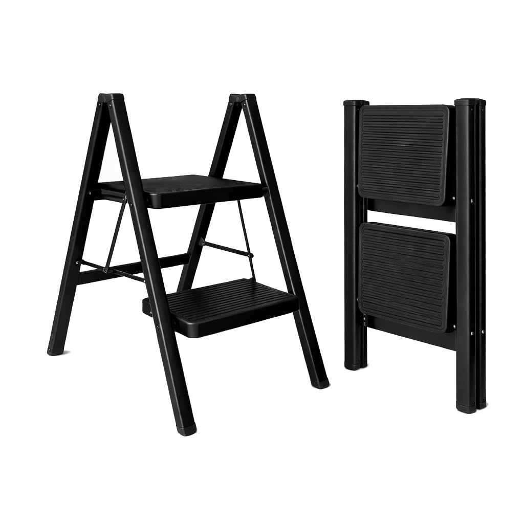 UZIRO Escalera Plegable 2 Peldaños, Escaleras Decorativa, Peldaños Anchos Antideslizantes, Ideal para Uso en Hogar, Cocina y Oficina, Fácil de Guardar y Transportar, Resistente (Negro, 2 Peldaños)