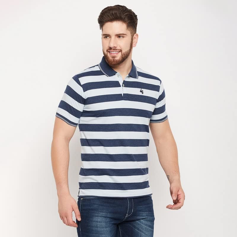 Image of Cantabil T-Shirt for Men l Breathable & Soft with Color Fastness Regular Fit Polo Neck Cotton Blend Fabric Striped Pattern
