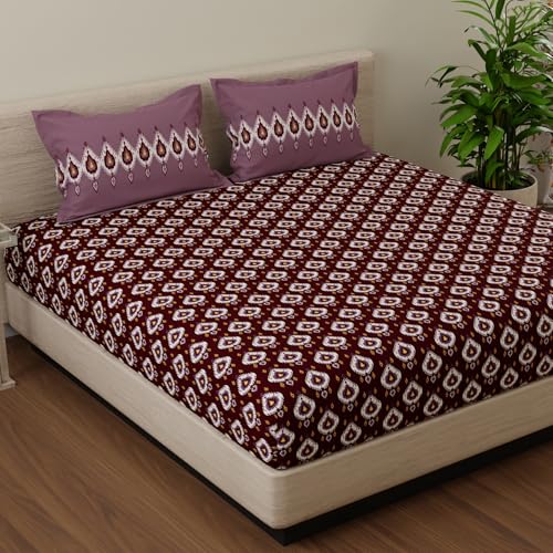 Image of Huesland by Ahmedabad Cotton 144 TC Cotton Elastic Fitted Bedsheet King Size with 2 Pillow Covers | 72 x 78 inches