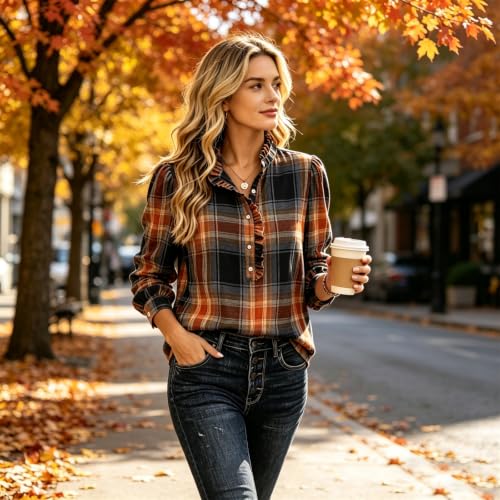 Checkered Shirt Women Dressy Casual Long Sleeve Henley Ruffled Blouse - image 2