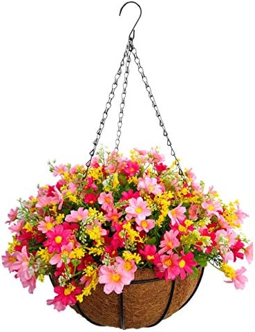 Home and Outdoors Silk Chain Hanging Basket Flowerpot Flowers DIY Artificial Daisy Red Flowers and Pink Flowers (Medium Basket)