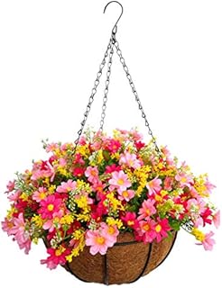 Home and Outdoors Silk Chain Hanging Basket Flowerpot Flowers DIY Artificial Daisy Red Flowers and Pink Flowers (Medium Basket)
