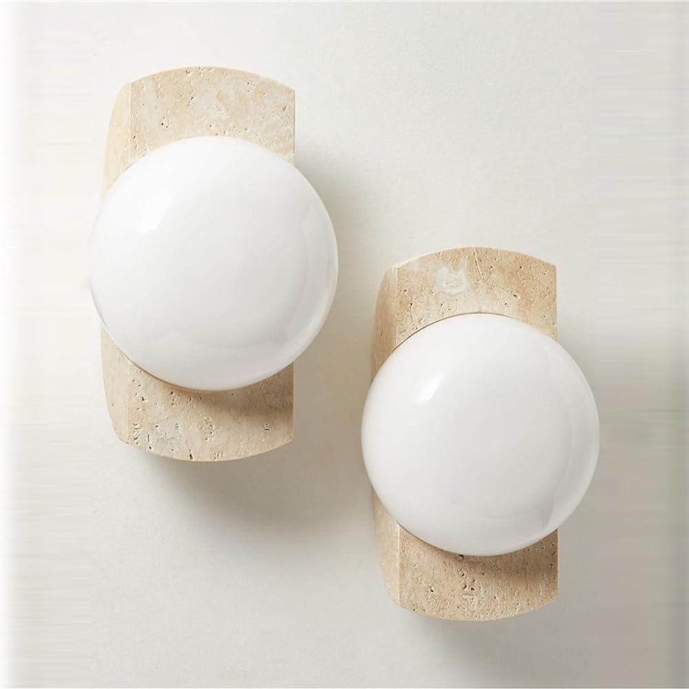 STUIJKVSZ Modern Beige Travertine Wall Sconce Japanese Style Lighting Fixture Minimalist Stone Lamp with White Glass Globe Shade for Bedroom Bedside Study Living Room Hallway E26 Socket(2-Light)