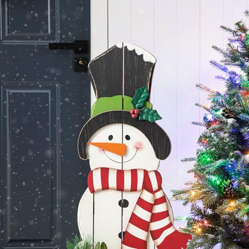 Image of Glitzhome 36 inch H Wood Metal Christmas Snowman Porch Decor with Floral Wreath Standing Snowman Merry Christmas Porch Welcome Sign Holiday Party Outdoor Indoor Xmas Decorations