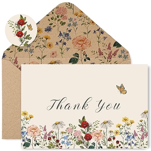 AnyDesign 24 Pack Vintage Wildflower Thank You Cards Bulk Spring Flower Greeting Cards with Kraft Envelope Sticker Retro Floral Blank Note Card for Birthday Wedding Baby Shower Bridal Shower, 4 x 6 In