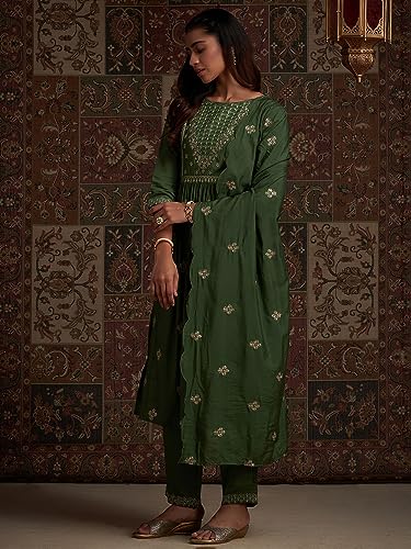 Image of INDO ERA Women's Embroidered Poly Silk Kurta With Pant & Dupatta Set (IEOUT7099)