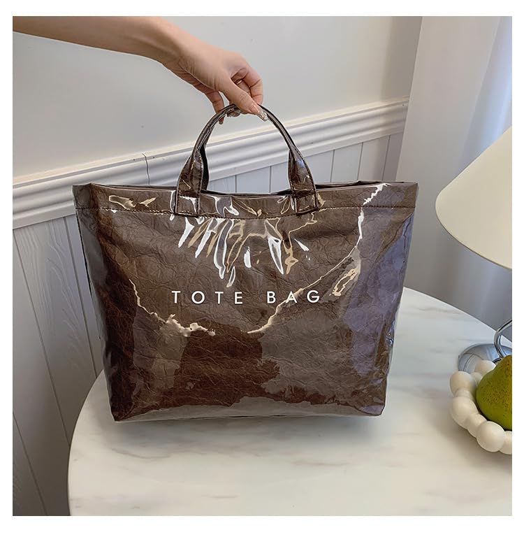 Image of Large Tote Bags for Women PVC Clear Totes Bag Plastic Carry All Bag Kraft Paper Shoulder Handbag Hobo for Work Travel