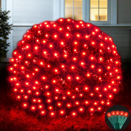 Led Net Lights Christmas Lights Outdoor 200Leds 9ft x 6ft Upgraded Red Christmas Net Lighting Waterproof 5mm LED Wide Angle Outdoor Indoor Mesh Net Light for Trees Bushes Shrubs Decorations