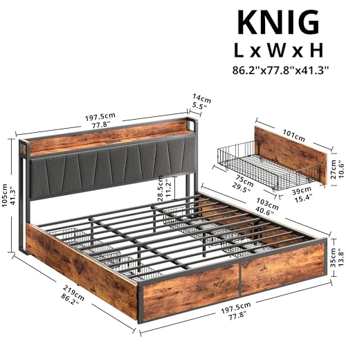 image for LIKIMIO King Bed Frame with Four Storage Drawers, Platform Bed with Ch