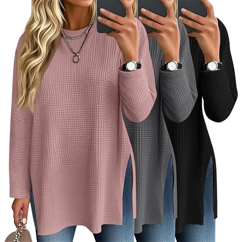 3 Pack Women's Waffle Knit Long Sleeve Tops Oversized Crewneck Loose T Shirts Fall Winter Casual Basic Blouses(Black, Dark Gray, Grayish Pink,Medium)