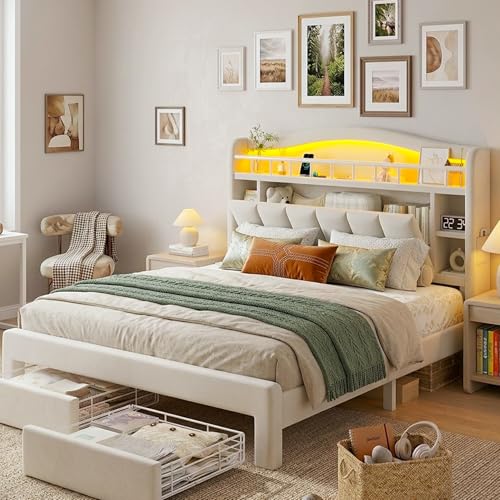 Image of Full Size LED Bed Frame with Storage Headboard, Upholstered Velvet Wood Princess Bed for Girls with 5 Charging Ports (USB-C & AC), Hidden Compartment, Sturdy Aluminum Frame & 2 Silent Drawers Beige