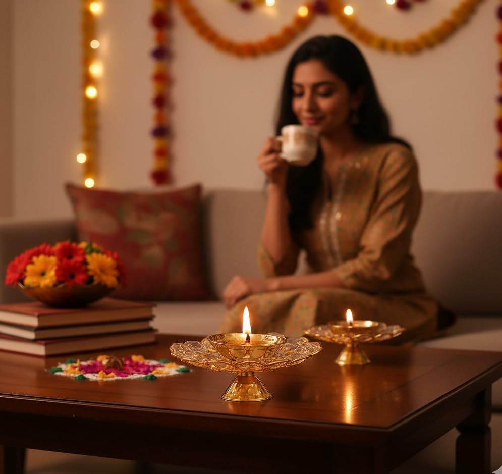 Image of Brass Crystal Diya Set of 2 | Gold Powder-Coated Finish | 3 Inch Height x 3 Inch Diameter | Decorative Metal Oil Lamps | Festive and Puja Decor