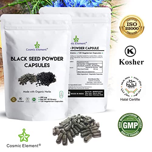 Cosmic Element Black Seed Powder Capsule Vegan Organic Nigella Sativa, Black Cumin Seeds. (120 Capsules) #TOP1
