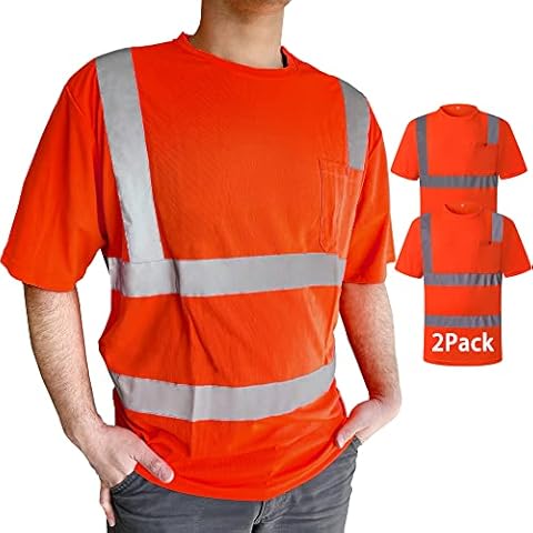 Ekkosafety 2 Pack High Visibility Shirts for Men Women Safety T Shirts with Reflective Strips and Pocket Short Sleeve Hi Vis Mens Construction Work Shirts Meet ANSI Class 2(EKB-Orange-M) Cover