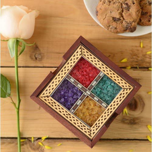CRAFTAM Gems Stone and Wooden Brass Patti Tea Coasters for hot pots Home Kitchen Dining Table, Office (4 Tea Coasters, 1 Holder Set)