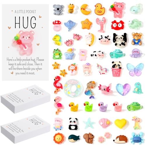 Wonderjune 50 Sets Little Pocket Hug Bulk Gift Mini Resin Animal Tiny Back to School Student Gift from Teacher Thank You Inspirational Emotional Pocket Hug Card for Coworker Employee Friend (Cute)