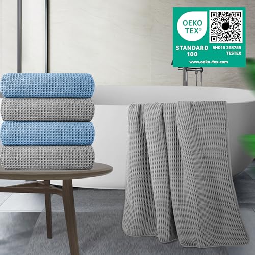 Image of POLYTE 430 GSM Polyester Polyamide Microfiber Oversize Quick Dry Lint Free Bath Towel, 60 x 30 in, 4 Pack (Waffle Weave)