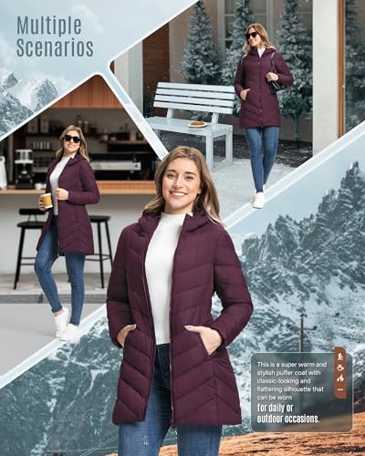 Outdoor Ventures Damen Wintermantel Langer Warmer Steppmantel Leicht Parka Wasserdicht Winterjacke mit Kapuze Funktionsjacke Übergangsjacke Weinrot XL