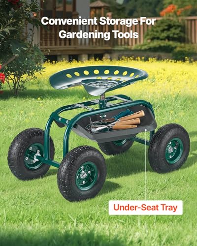 Image of VEVOR Rolling Garden Cart with Swivel Seat, Heavy Duty Garden Seat with Storage Basket & Tool Tray, 300 lbs Weight Capacity, Outdoor Utility Gardening Stool Scooter for Lawn Yard Planting Weeding
