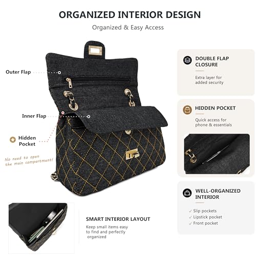Image of M-ioi-M Quilted Denim Crossbody Bags for Women, Chain Strap Shoulder Bags, Medium Double Flap Purse, Gold Hardware Jean Purse