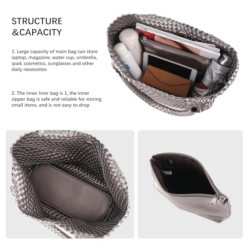 Image of Woven Tote Bag Womens Purse Vegan Leather Shoulder Handbags Fashion Summer Beach Tote Bags Large Travel Totes