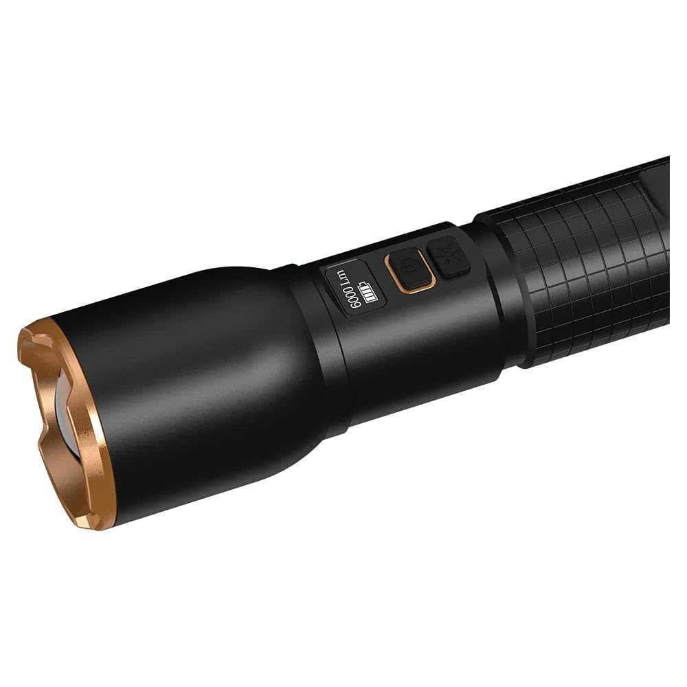 Duracell Latarka LED DF6000R Pro – 6000 lumenów, z możliwością ustawiania ostrości, zasięg świecenia 230 m, do użytku na zewnątrz i w warsztacie, do ponownego ładowania USB-C, 2 x akumulator