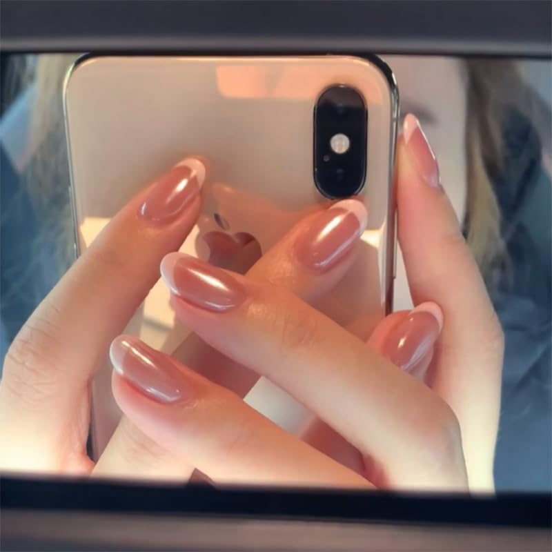 XZMeiLun Blush French Tip Chrome Acrylic Press On Nails Medium Almond, Salon Quality. Designer Reusable Glazed Glossy False Nails for Weddings,
