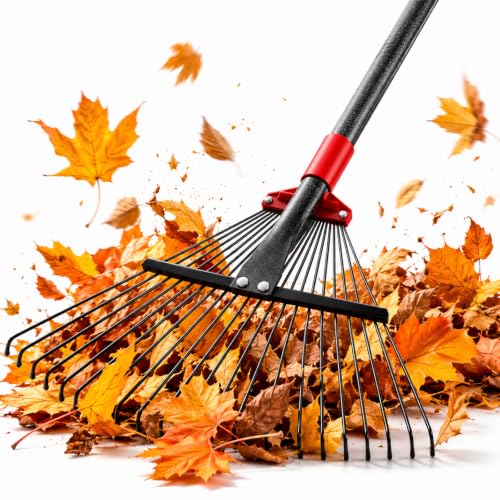 76Inch Adjustable Metal Leaf Rake 18 Metal Tines Heavy Duty Leaves Rake for Lawns with 8-18 Expandable Head Long Handle Garden Rakes for Women Kids Leaves Yard Gardening Grass Outdoor Camping Debris