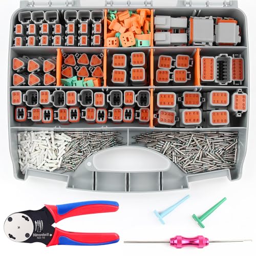 Newdeli 636PCS Deutsch Connector Kit 2 3 4 6 8 12 Pin DT Connectors with Deutsch Crimp Tool(14-20AWG) and Pin Removal Tool Size 16 Solid Contacts Waterproof Automotive Electrical Wire Connectors