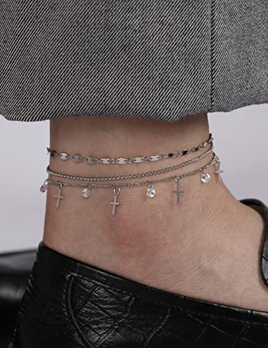 Cross Gold Ankle Bracelets For Women 14K Gold Plated Anklet Silver Crystal Cubic Zirconia Anklet Bead Oval Coin Disc Handmade Chain Dainty Layered Anklet Set 3Pcs #TOP2