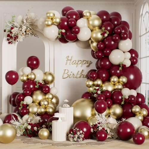 Burgundy and Gold Balloons Arch Kit 165Pcs Different Sizes Maroon and Sand White Balloons Garland for Graduation Anniversary Wedding Birthday Party Decorations