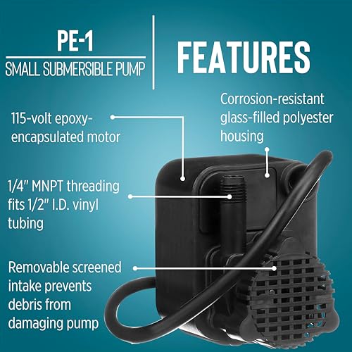 Image of Little Giant PE-1 115 Volt, 1 /125 HP, 170 GPH Epoxy Encapsulated Small Submersible Direct Drive Pump for Water Fountains, Machine Tool Coolants, and Water Transfer with 6 Ft. Cord, Black, 518200