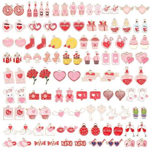 SANNIX 110pcs 55 Pairs Valentines Day Charms Gold Enamel Heart Charms for Jewelry Making Women Girls Day DIY Keychains Bracelets Necklace Earring Crafts Supplies Valentines Party Favor