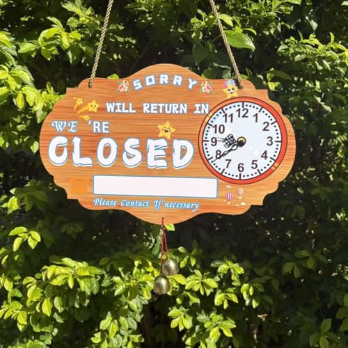 Cartello aperto e chiuso 8Gnituhs con orologio, cartello aziendale reversibile bifacciale, da appendere alla finestra o alla porta 40x25 cm, per "ritorneremo", "cartello temporaneamente chiuso",
