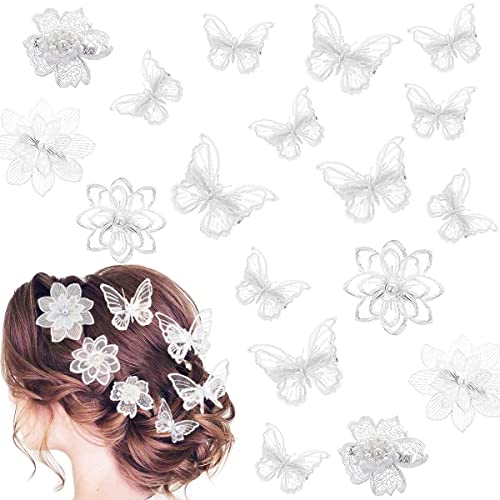 18 Pieces White Butterfly Flower Hair Clips 3D Embroidery Hair Pins Soft Lace Hair Clips for Women Girls Elegant Alligator Clips White Hair Accessories (White)