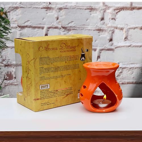 Image of Pure Source India Ceramic Aroma Oil Diffuser Gift Set with 10ML Relaxing Oil & Tealight Candles | 97 Burner for Home Fragrance & Relaxation | Ideal for Gifting & Home Decor (Orange)