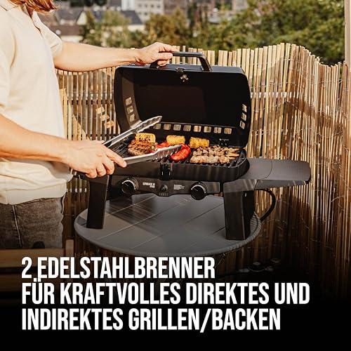 Plinski žar Enders Urban II, namizni žar, žar, funkcija kuhanja in pečenja, 2 gorilnika inox, z žar termometrom, balkon, žar za kampiranje, ohišje iz litega aluminija, rešetka iz litega železa #2070