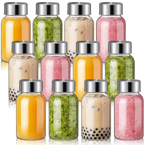 Zhehao 12 Pcs 5 oz Glass Juice Bottles with Lids Leak Proof Wellness Shot Glass Bottle Small Reusable Ginger Storage Container with Stainless Steel Cap for Juicing Milk Milkshake Smoothies Water