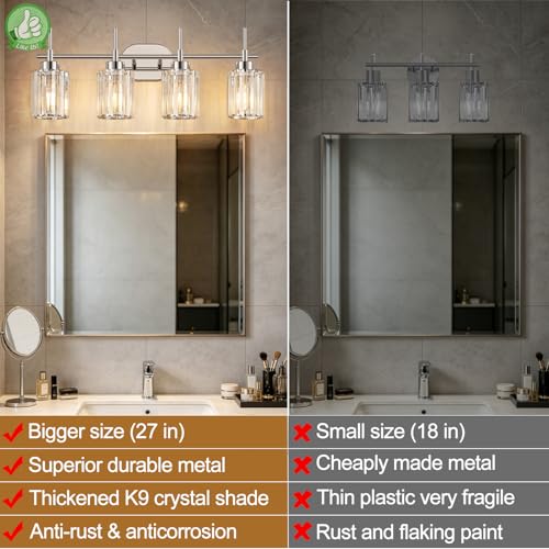 Image of Modern K9 Crystal Bathroom Vanity Light Fixtures, 4-Light Chrome Vanity Lighting Over Mirror, Clear Crystal Shades, Modern Bathroom Light for Bedroom Living Room Hallway Dressing Room